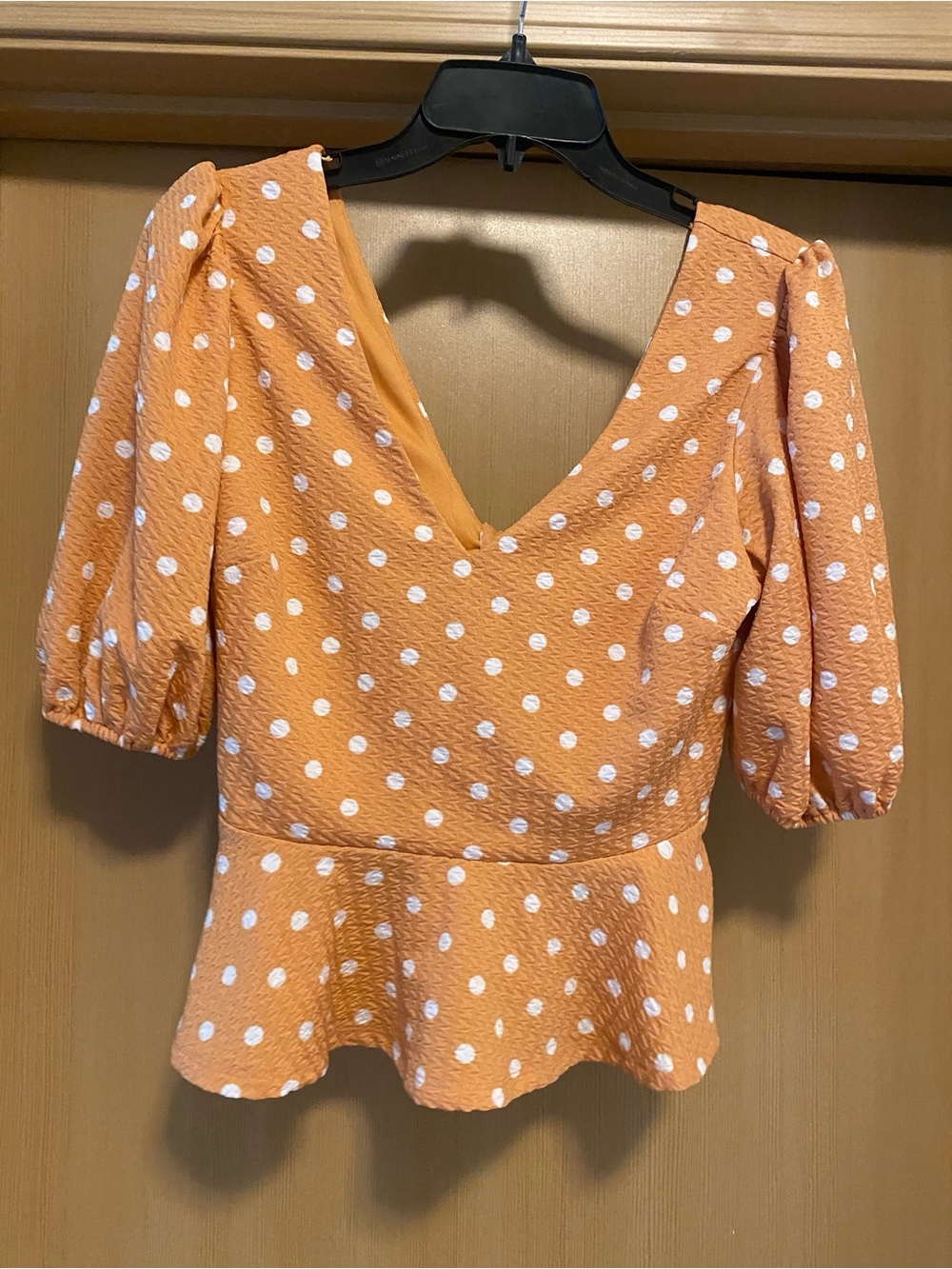 meraki Orange Polka Dot V-Neck Peplum Top